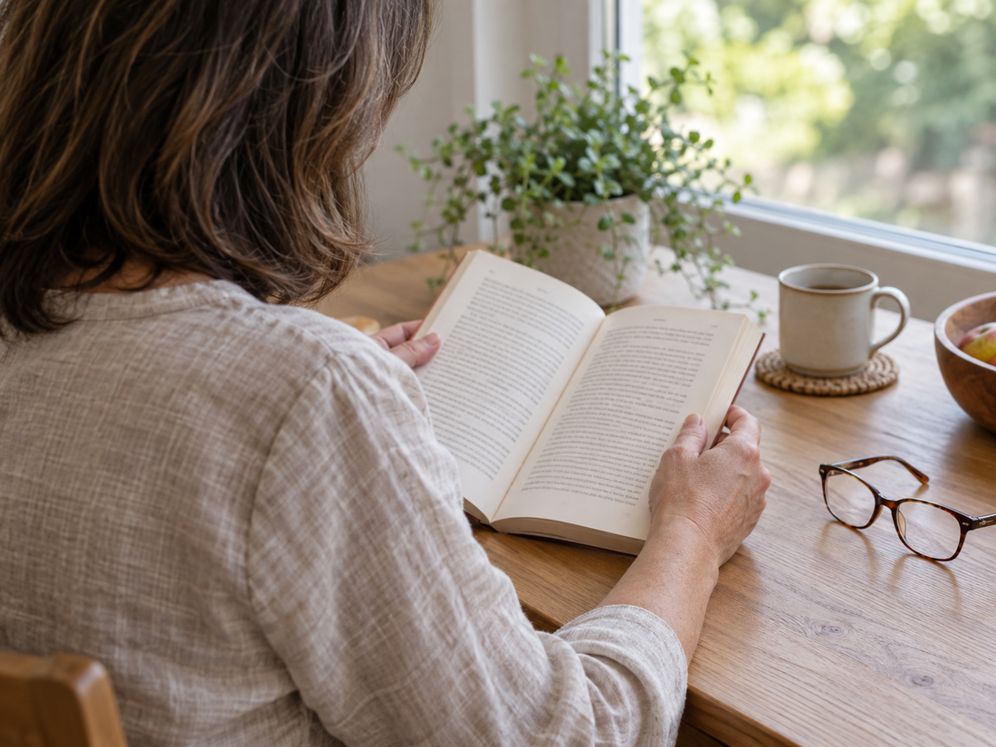 Woman reading a book beside a window