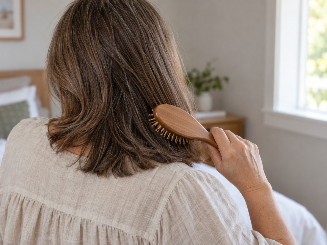 Woman gently brushing her hair at home