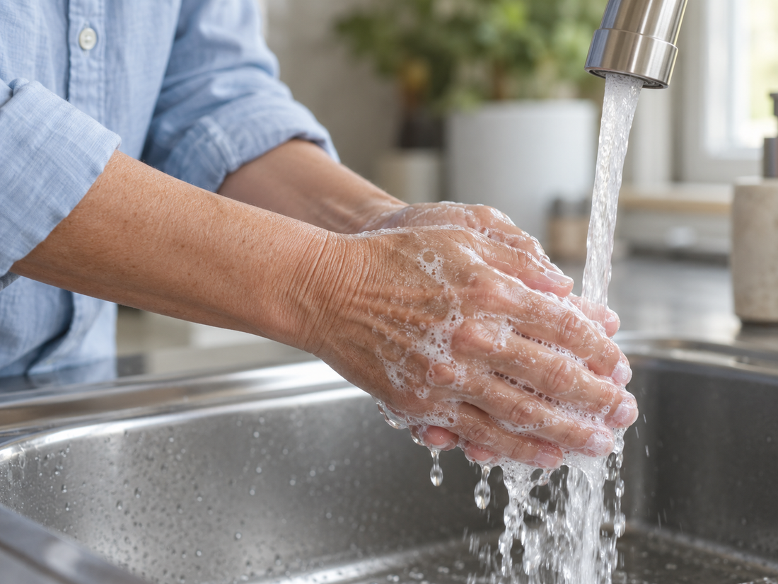 Woman washing her hands at a kitchen sink