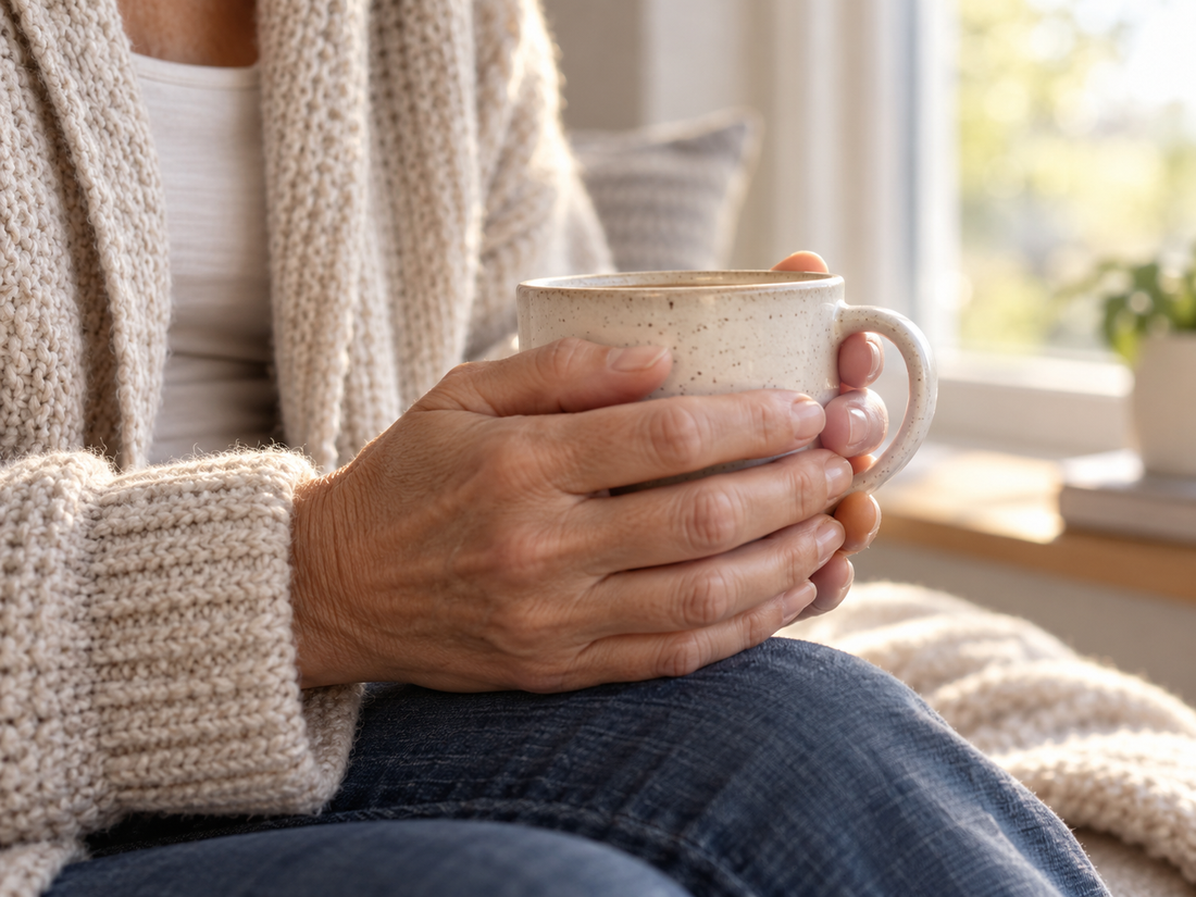 Hands holding a warm mug beside a window